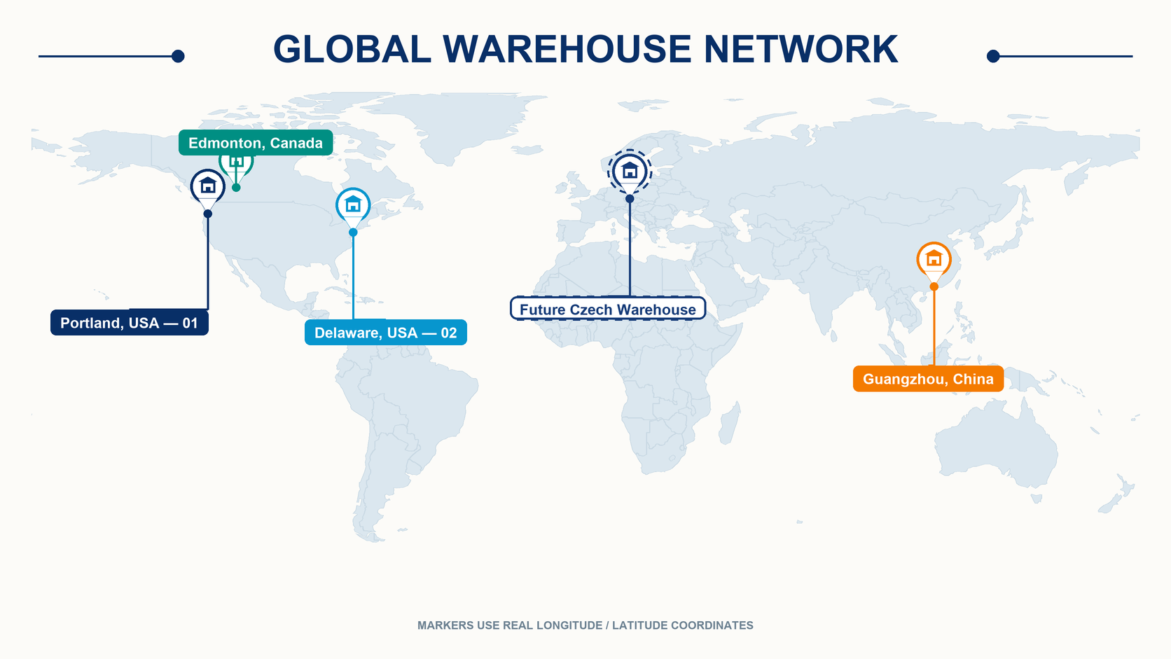 WBS global warehouse network in Guangzhou, Portland, Delaware, Edmonton, and planned Czech warehouse
